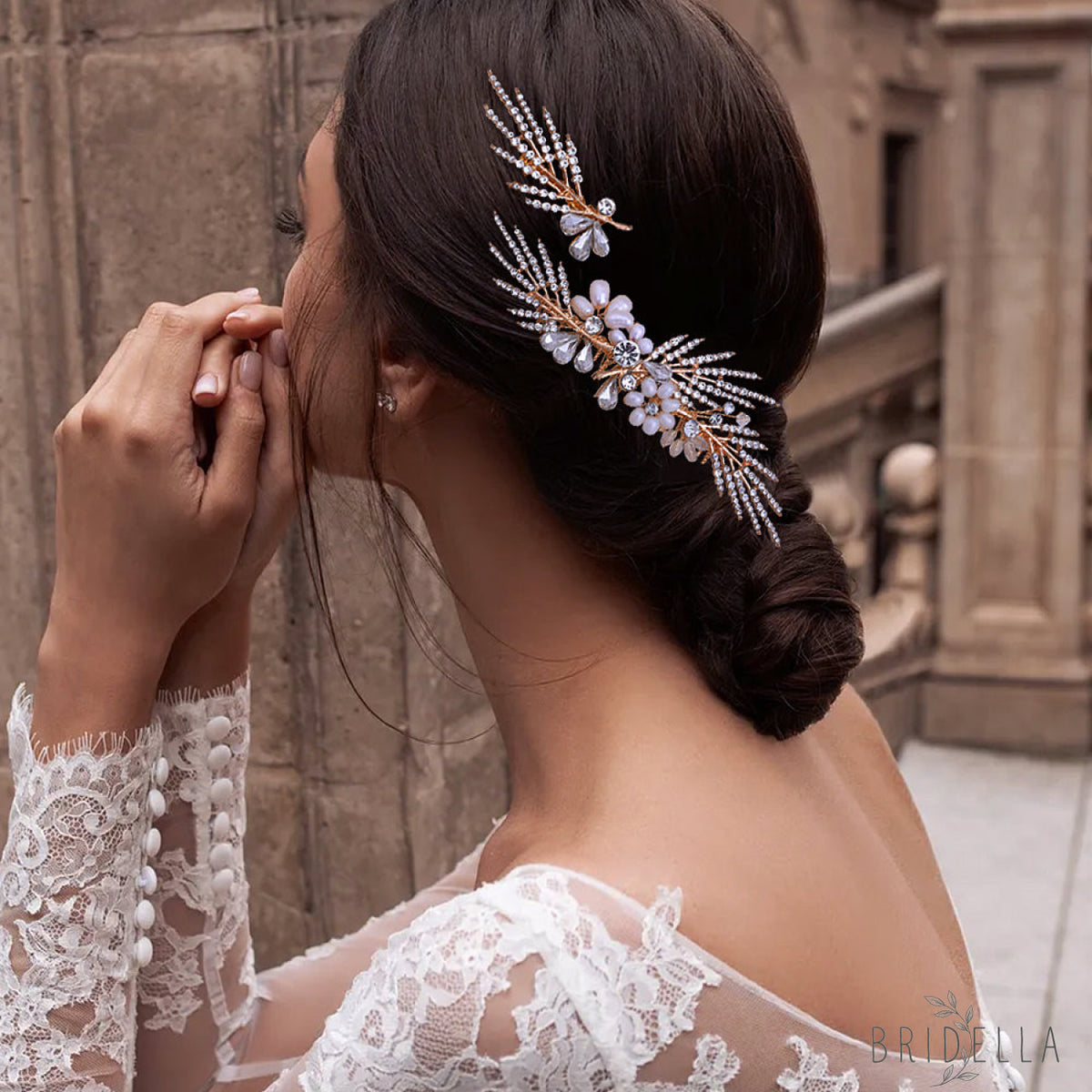 Gold Rhinestone & Pearl Tiara - Bridella BHP01-G