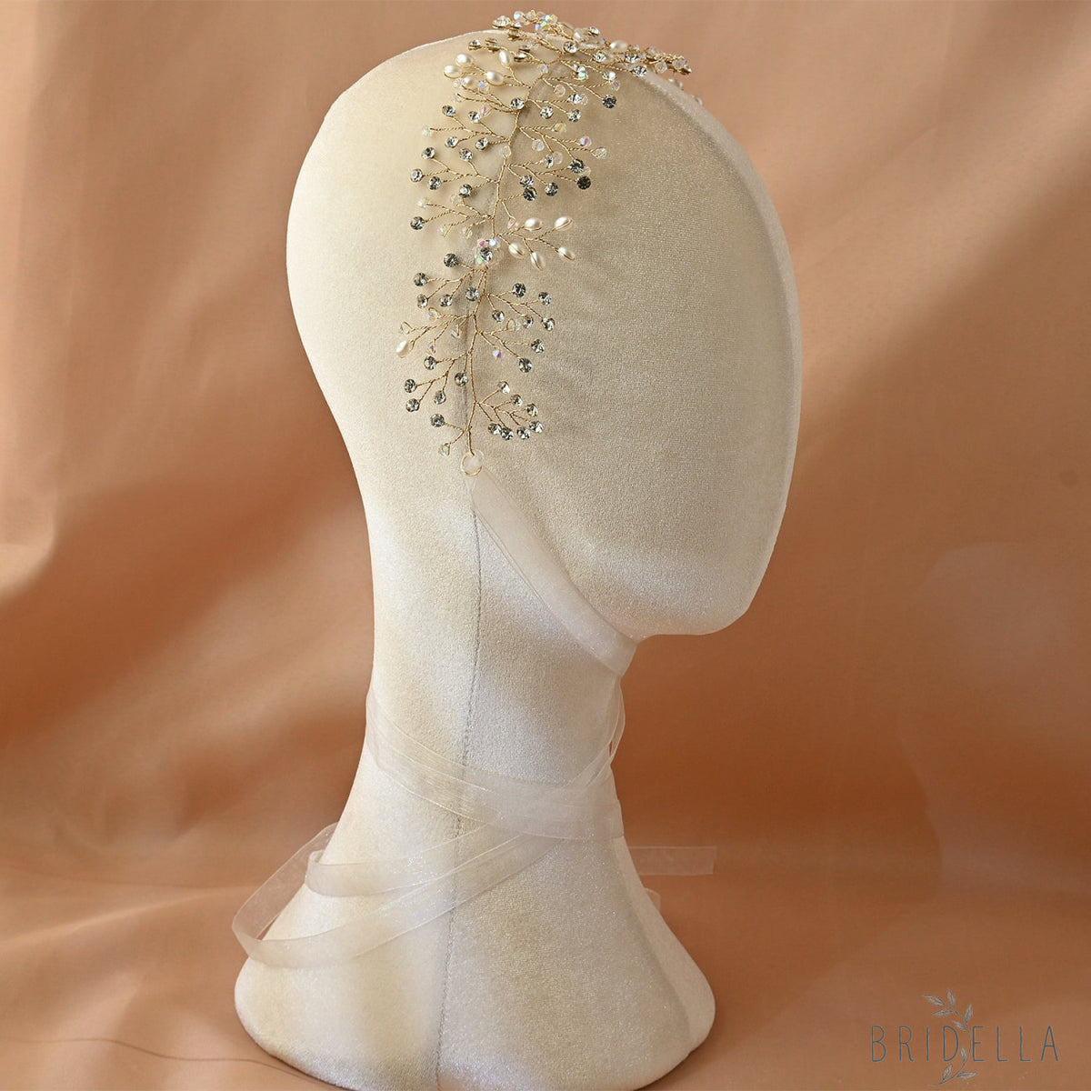 Gold Rhinestone & Pearl Vine Bridal Tiara - Bridella BHP10-G - Gold