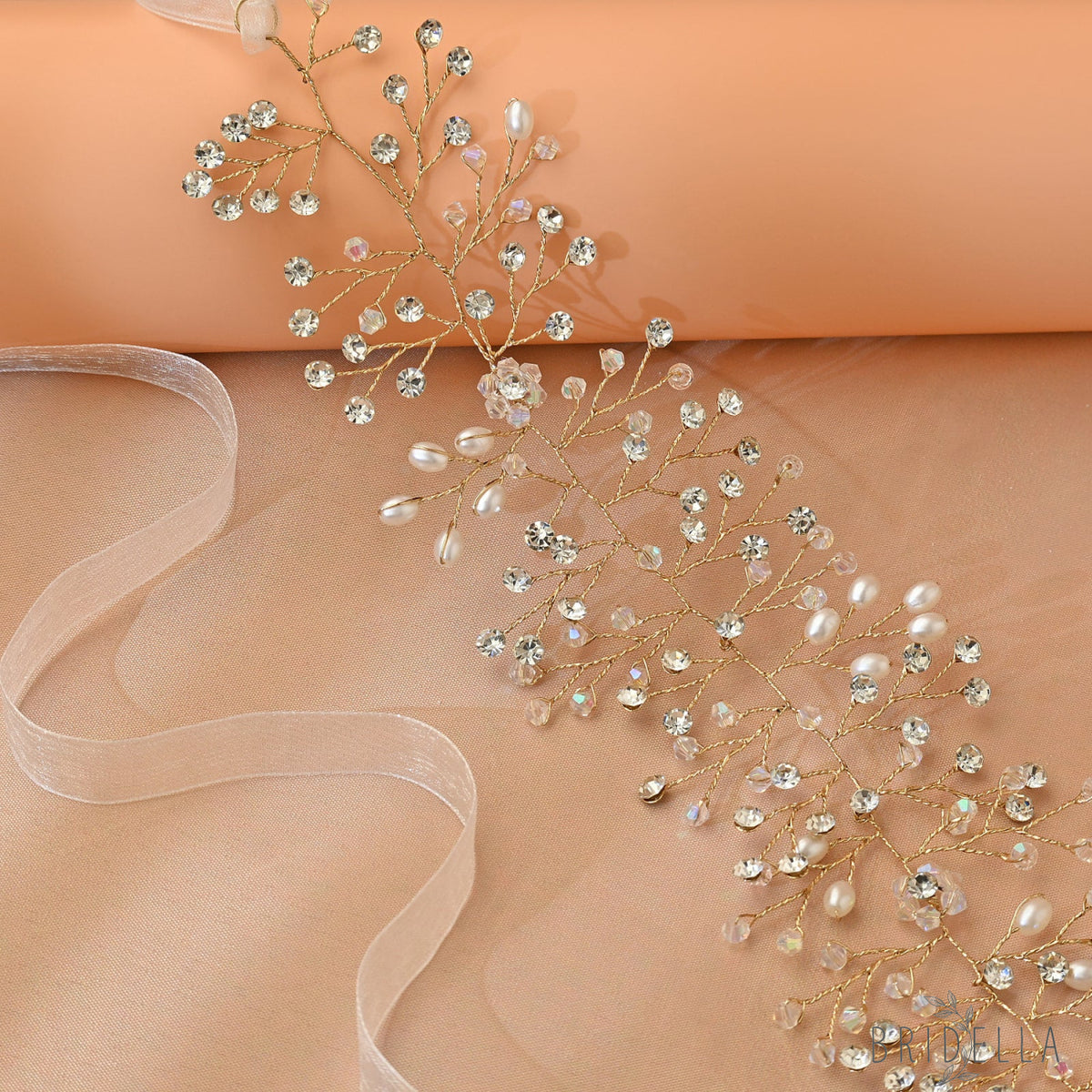 Gold Rhinestone & Pearl Vine Bridal Tiara - Bridella BHP10-G - Gold