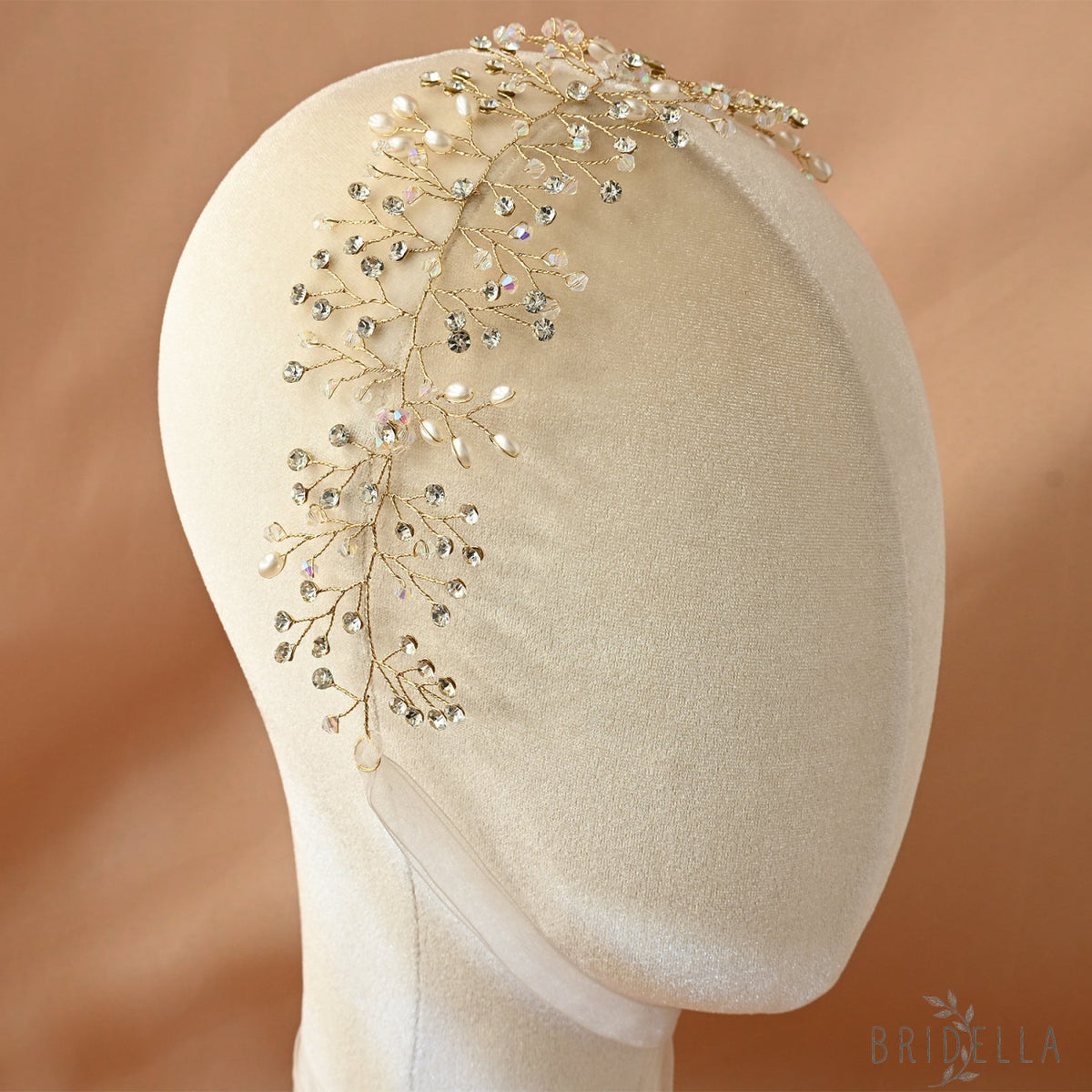Gold Rhinestone & Pearl Vine Bridal Tiara - Bridella BHP10-G - Gold