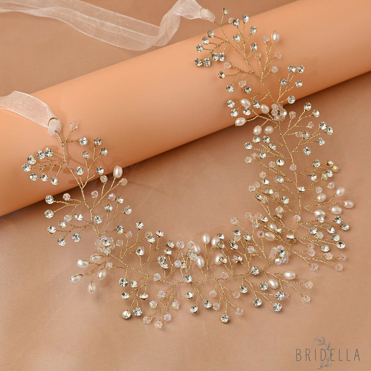 Gold Rhinestone & Pearl Vine Bridal Tiara - Bridella BHP10-G - Gold