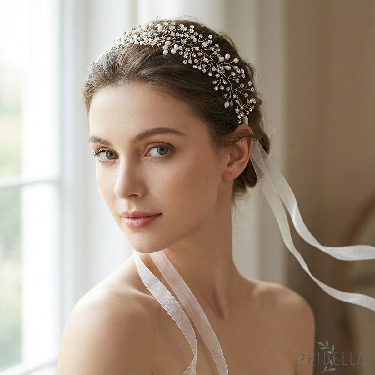 Gold Rhinestone & Pearl Vine Bridal Tiara - Bridella BHP10-G - Gold