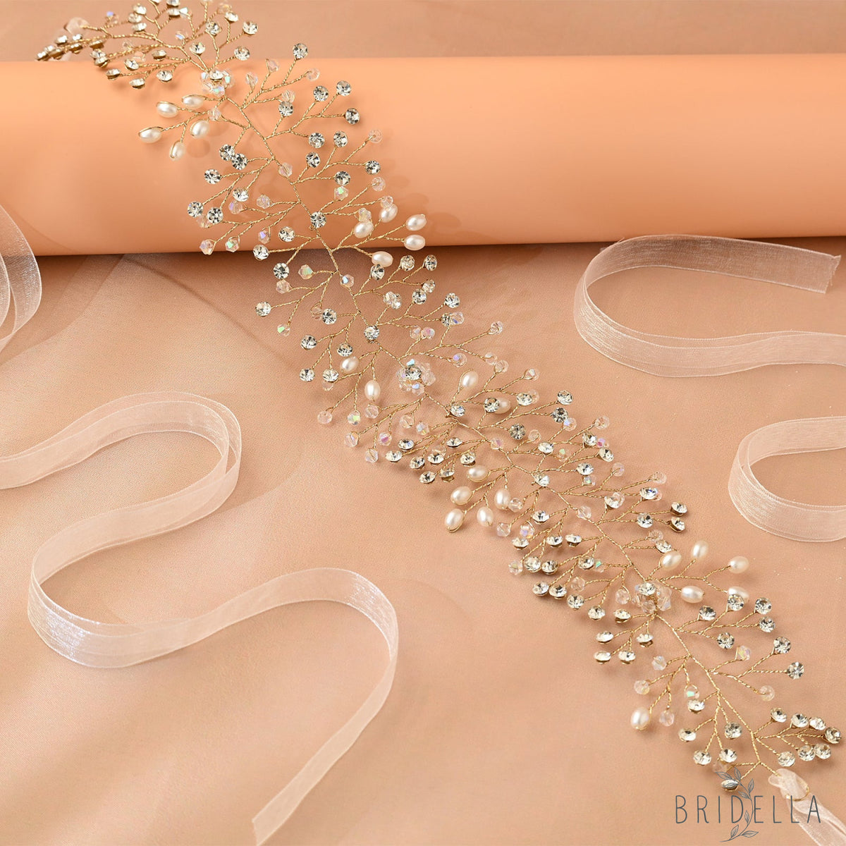 Gold Rhinestone & Pearl Vine Bridal Tiara - Bridella BHP10-G - Gold