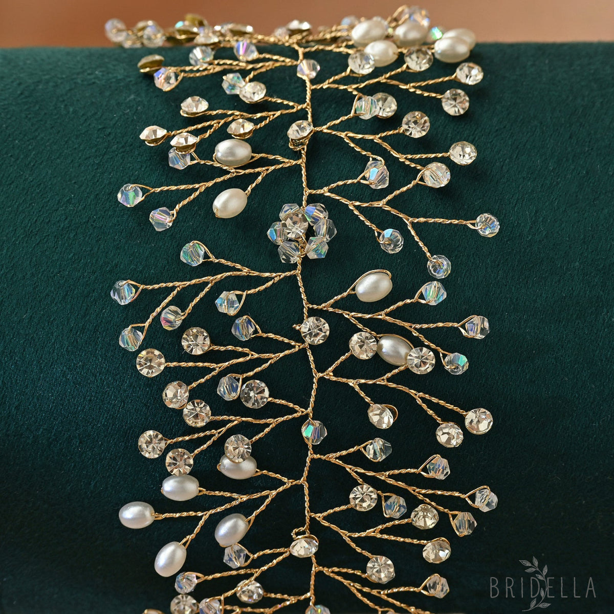 Gold Rhinestone & Pearl Vine Bridal Tiara - Bridella BHP10-G - Gold