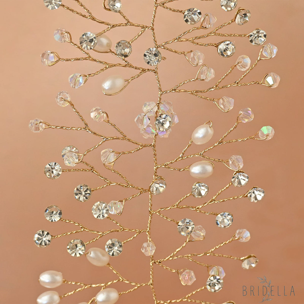 Gold Rhinestone & Pearl Vine Bridal Tiara - Bridella BHP10-G - Gold