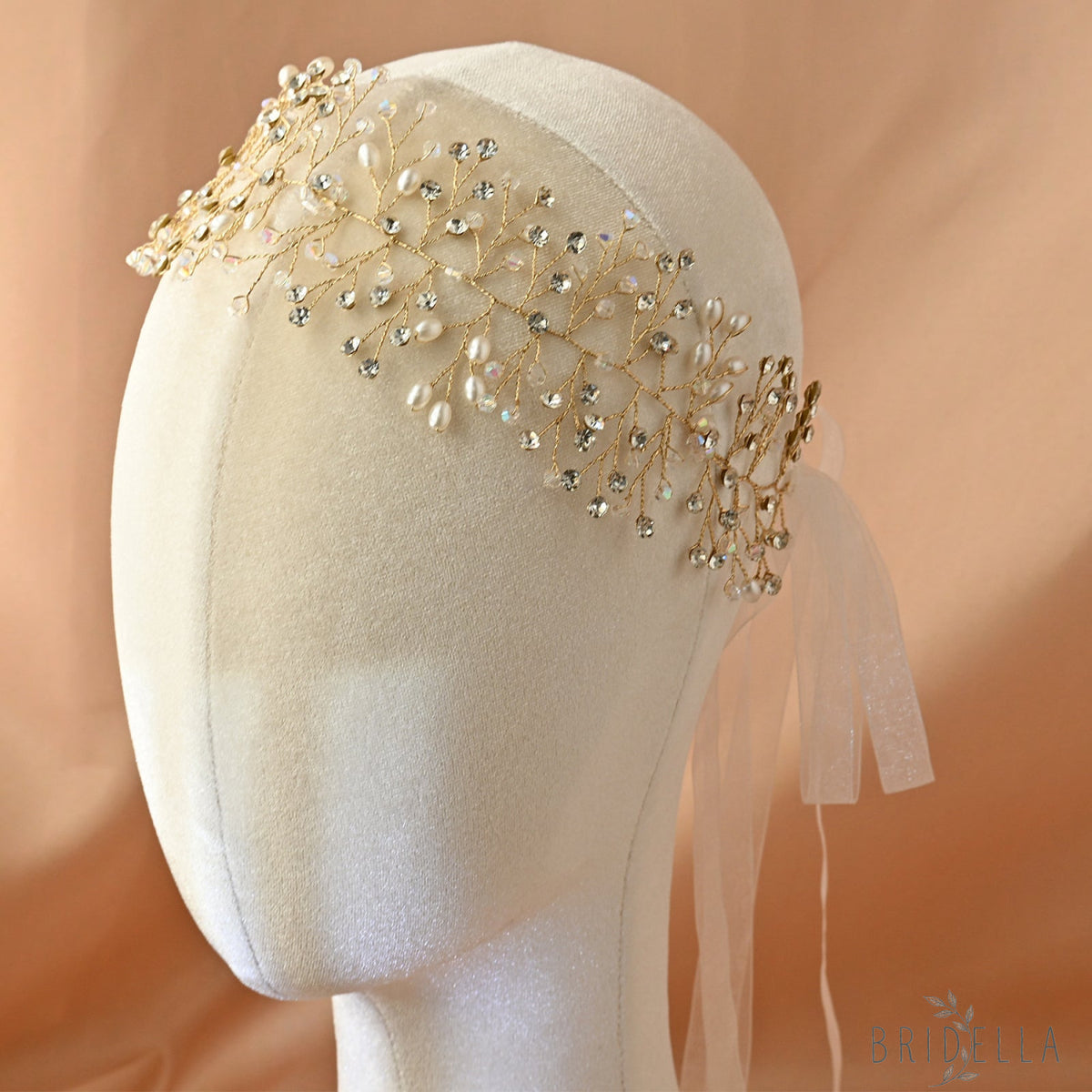 Gold Rhinestone & Pearl Vine Bridal Tiara - Bridella BHP10-G - Gold