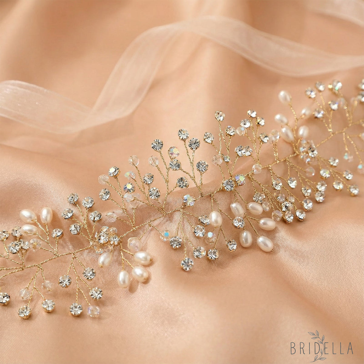 Gold Rhinestone & Pearl Vine Bridal Tiara - Bridella BHP10-G - Gold