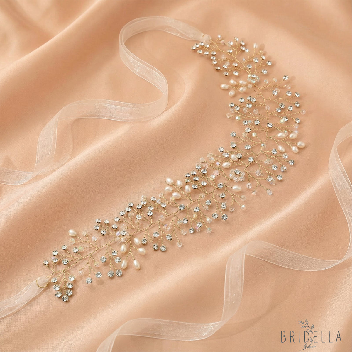 Gold Rhinestone & Pearl Vine Bridal Tiara - Bridella BHP10-G - Gold