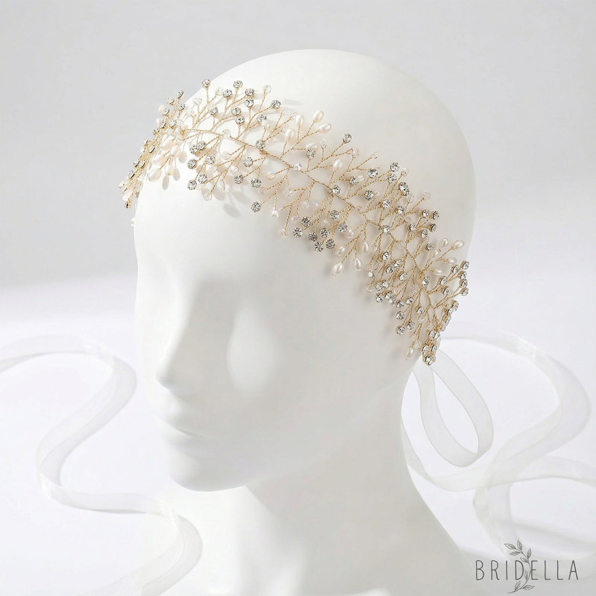 Gold Rhinestone & Pearl Vine Bridal Tiara - Bridella BHP10-G - Gold