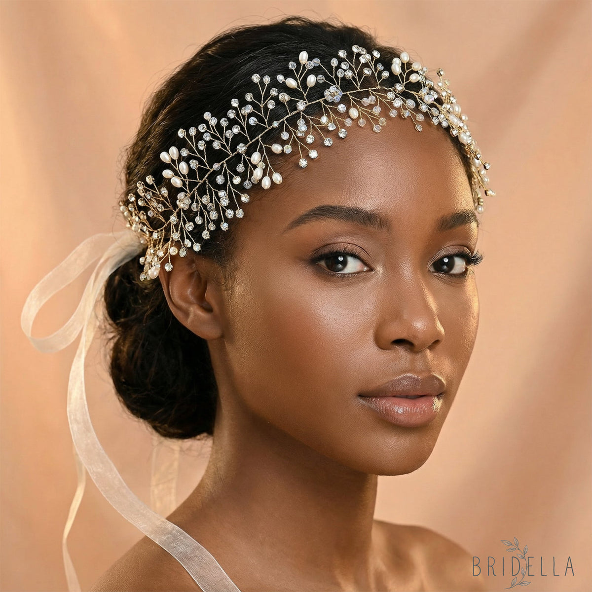 Gold Rhinestone & Pearl Vine Bridal Tiara - Bridella BHP10-G - Gold