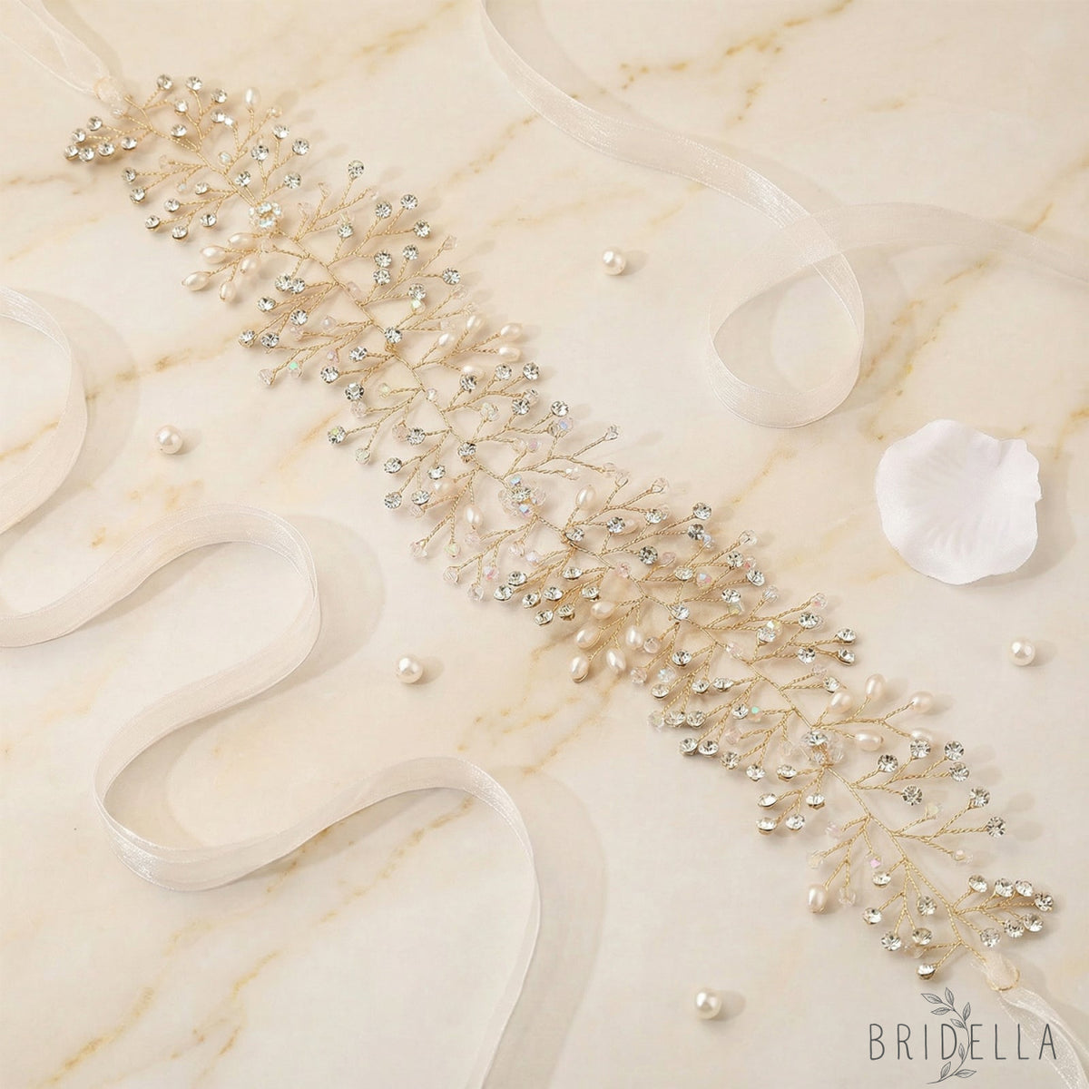 Gold Rhinestone & Pearl Vine Bridal Tiara - Bridella BHP10-G - Gold