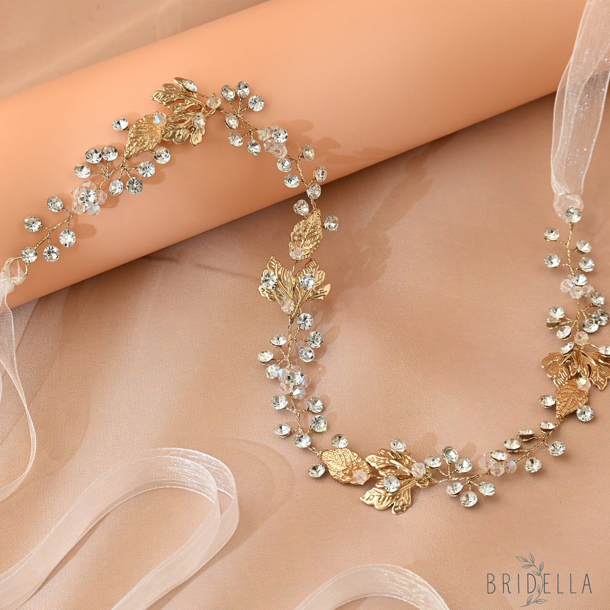 Gold Rhinestone Slim Bridal Headband - Bridella BHP122-G - Golden - HEADWEAR