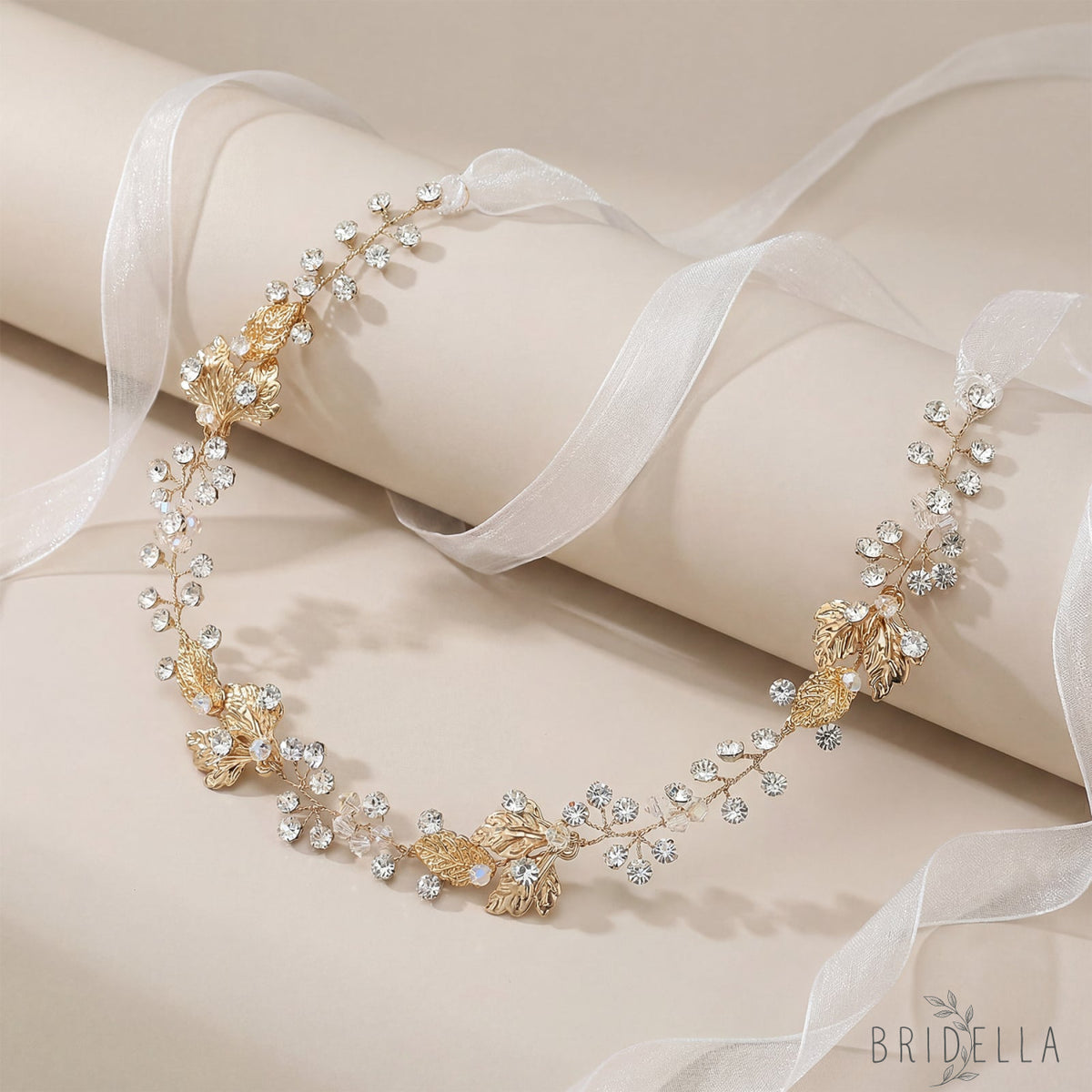 Gold Rhinestone Slim Bridal Headband - Bridella BHP122-G - Golden - HEADWEAR