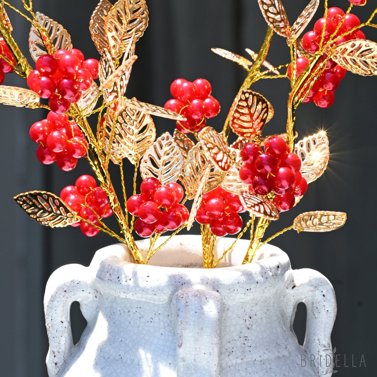 Golden Artificial Berry Stem with Metallic Leaves Faux Red/Yellow Berry Picks K103