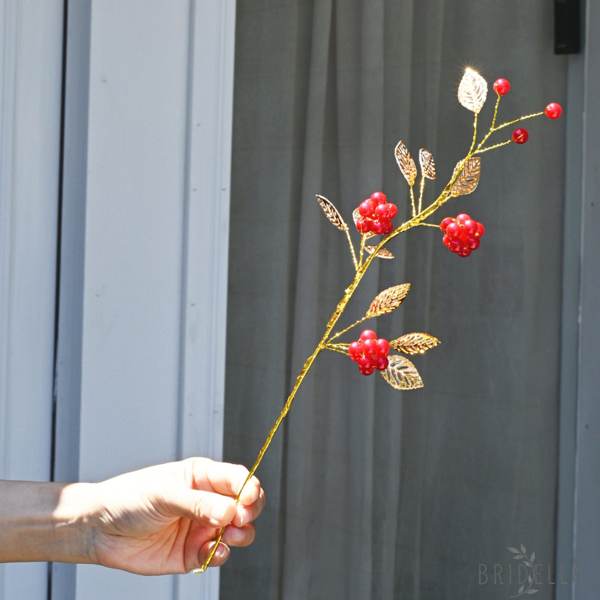 Golden Artificial Berry Stem with Metallic Leaves Faux Red/Yellow Berry Picks K103 - Red