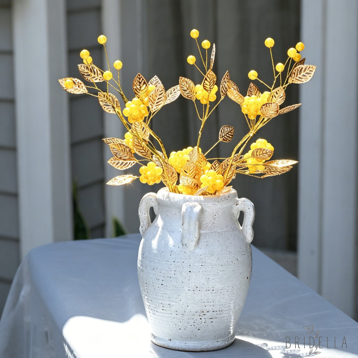 Golden Artificial Berry Stem with Metallic Leaves Faux Red/Yellow Berry Picks K103