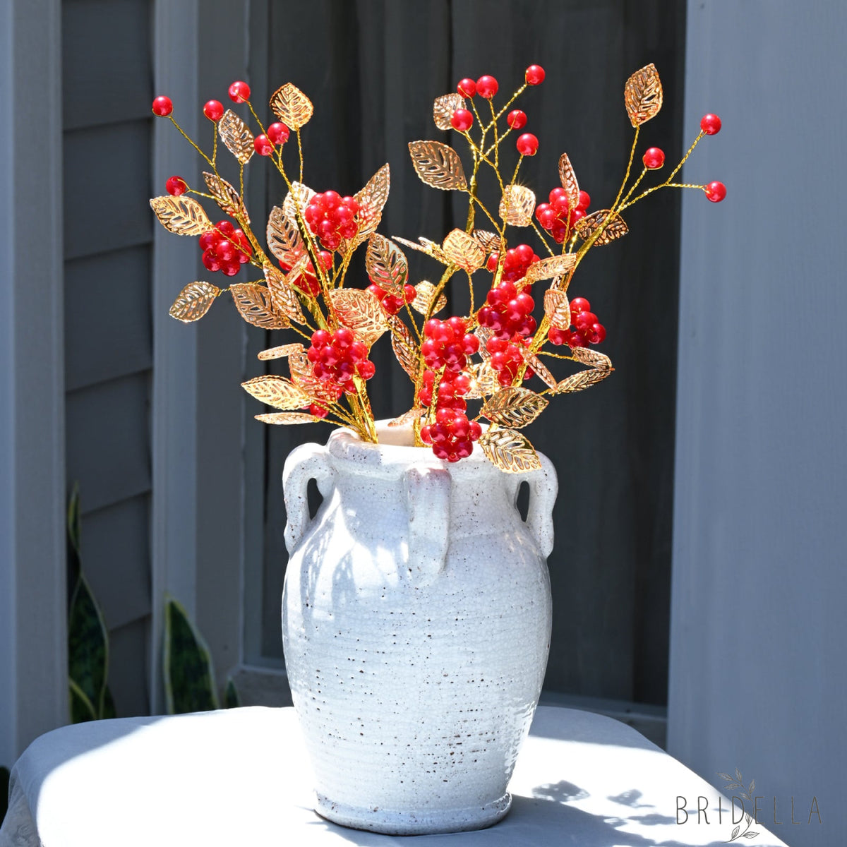 Golden Artificial Berry Stem with Metallic Leaves Faux Red/Yellow Berry Picks K103
