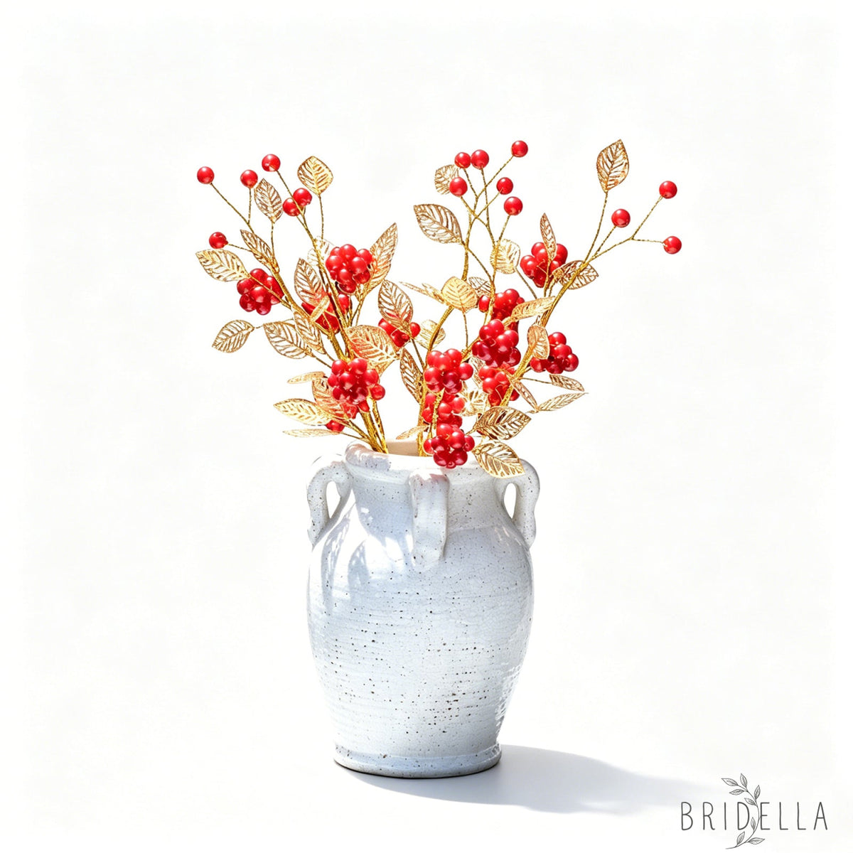 Golden Artificial Berry Stem with Metallic Leaves Faux Red/Yellow Berry Picks K103