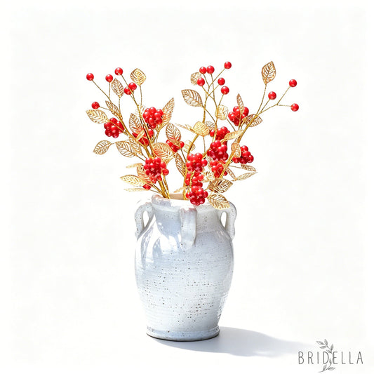 Golden Artificial Berry Stem with Metallic Leaves Faux Red/Yellow Berry Picks K103