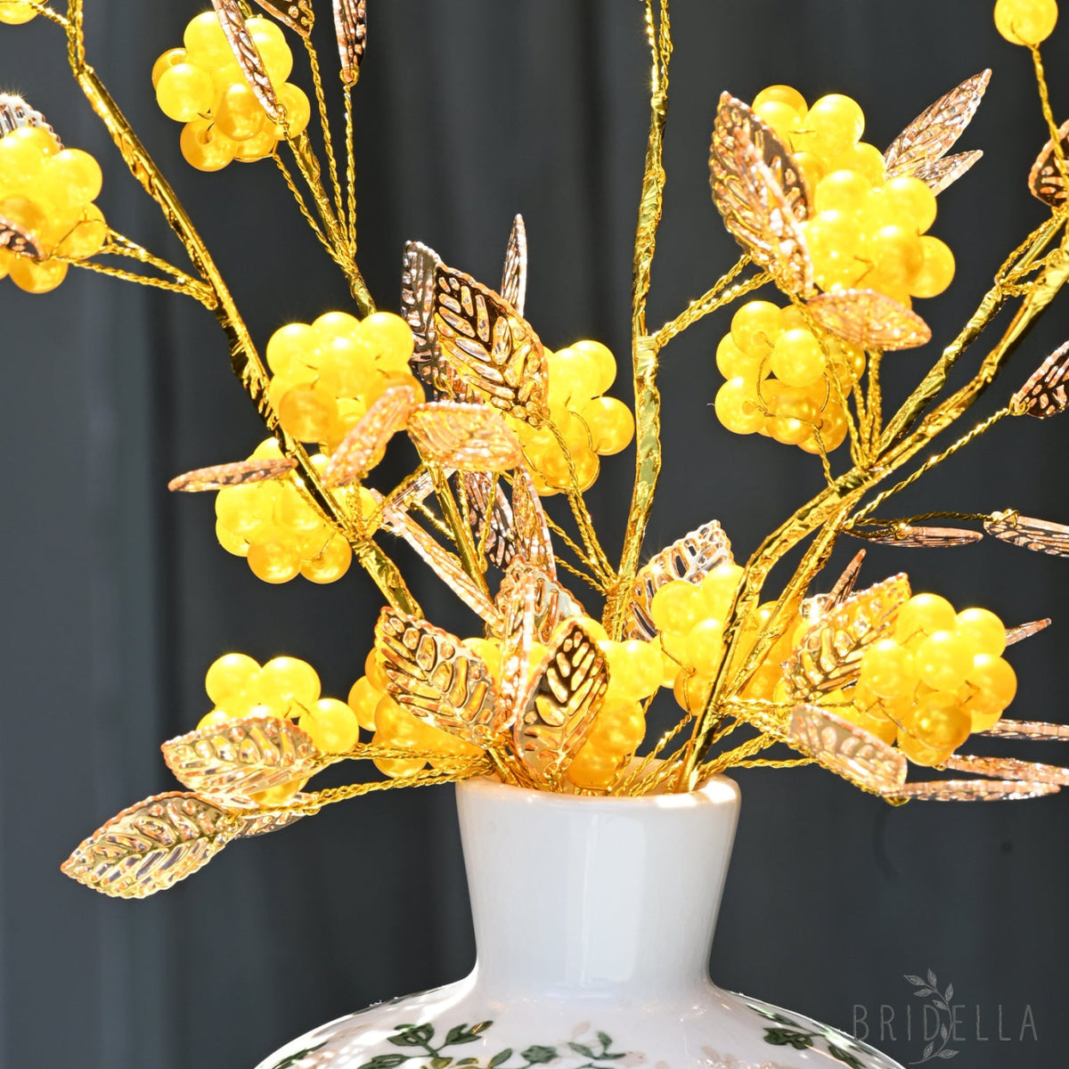 Golden Artificial Berry Stem with Metallic Leaves Faux Red/Yellow Berry Picks K103
