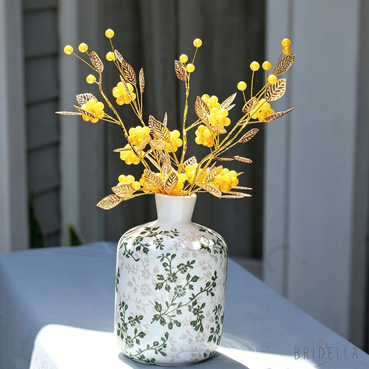 Golden Artificial Berry Stem with Metallic Leaves Faux Red/Yellow Berry Picks K103