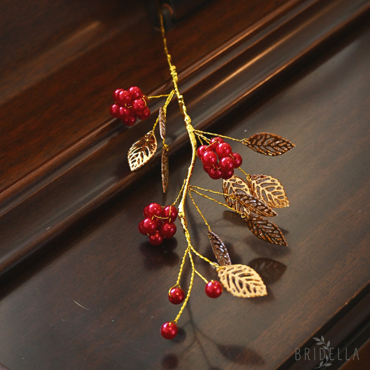Golden Artificial Berry Stem with Metallic Leaves Faux Red/Yellow Berry Picks K103