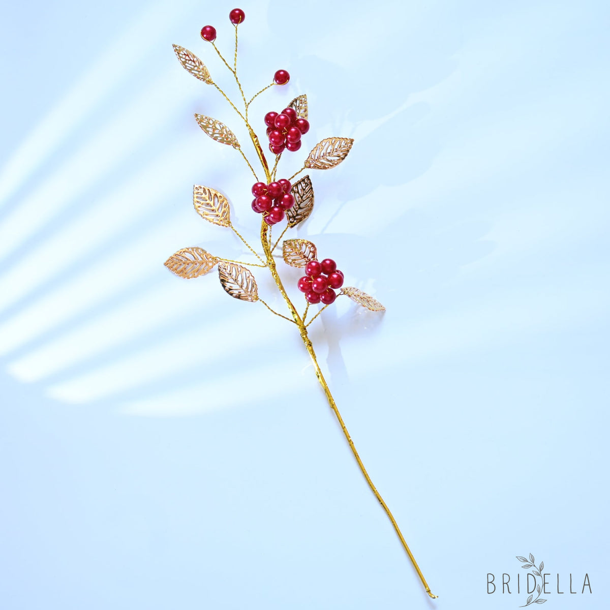 Golden Artificial Berry Stem with Metallic Leaves Faux Red/Yellow Berry Picks K103