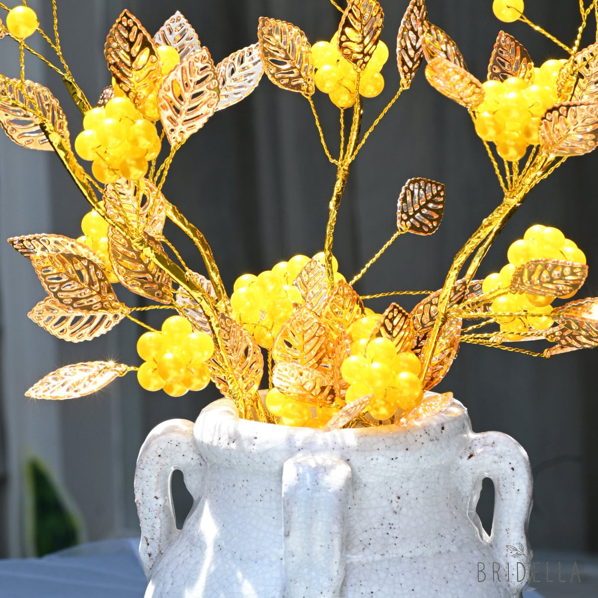 Golden Artificial Berry Stem with Metallic Leaves Faux Red/Yellow Berry Picks K103