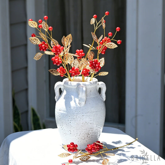 Golden Artificial Berry Stem with Metallic Leaves Faux Red/Yellow Berry Picks K103