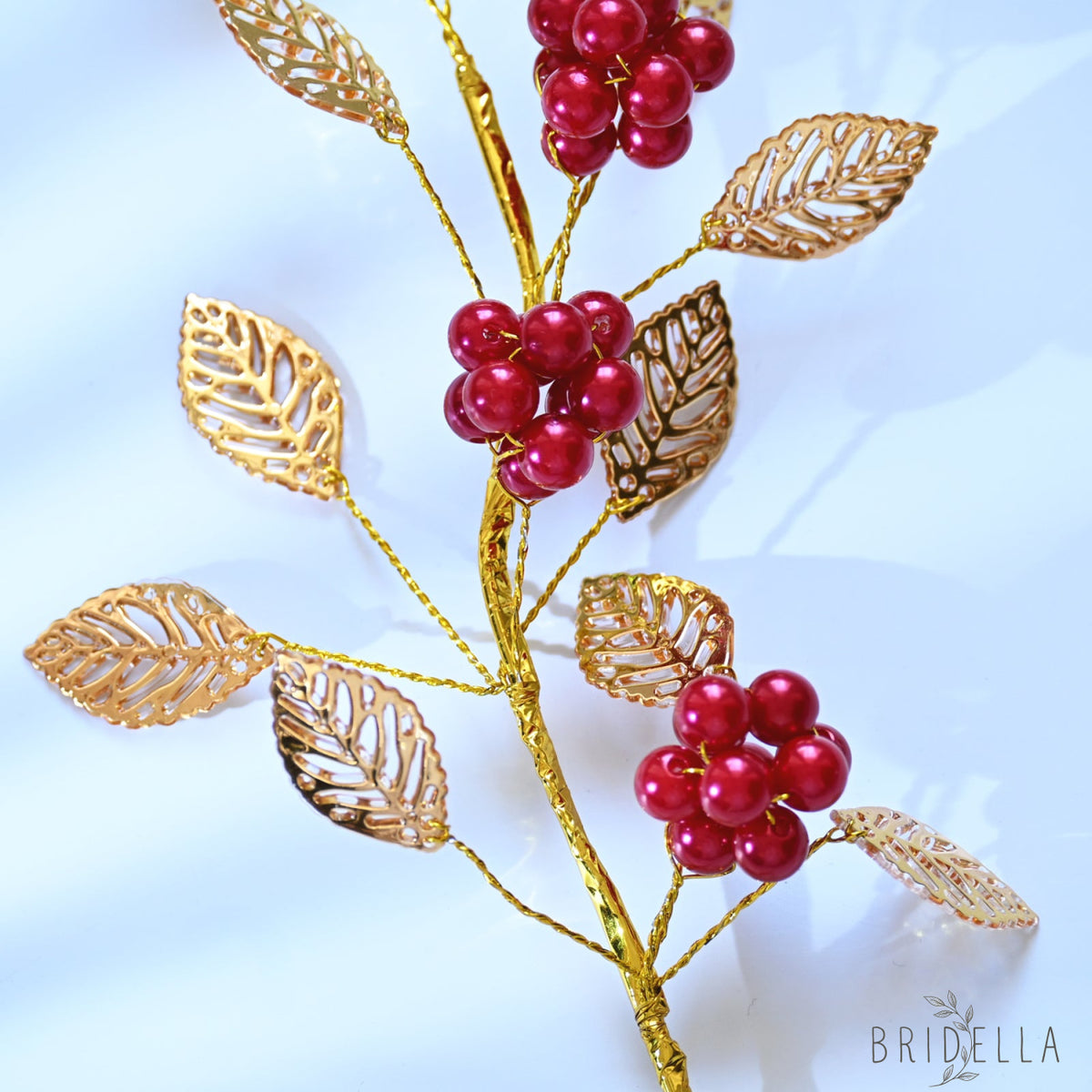 Golden Artificial Berry Stem with Metallic Leaves Faux Red/Yellow Berry Picks K103