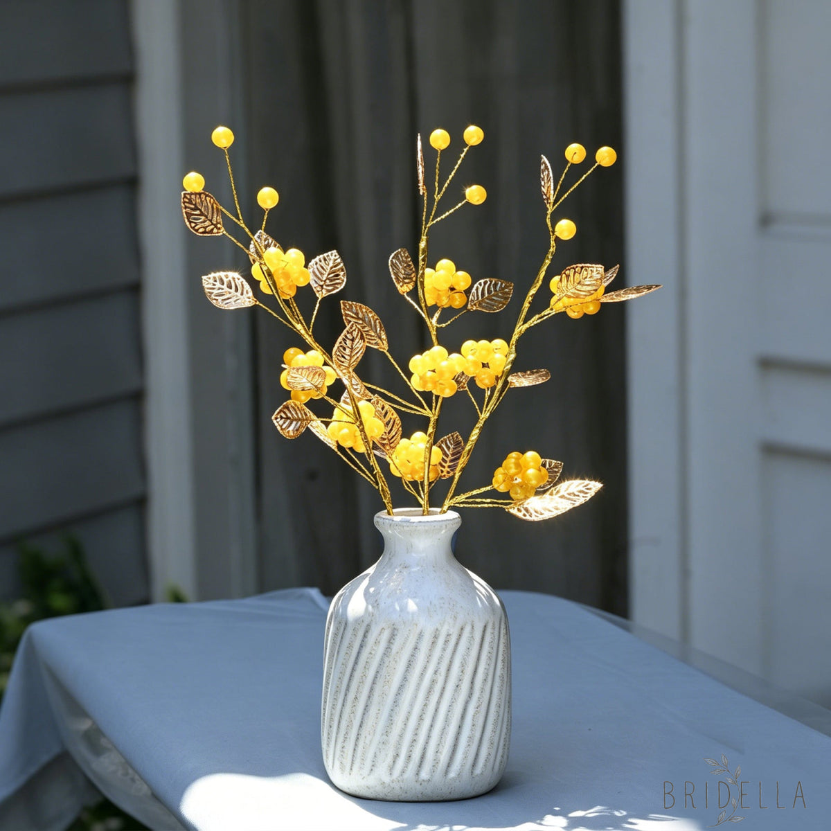 Golden Artificial Berry Stem with Metallic Leaves Faux Red/Yellow Berry Picks K103