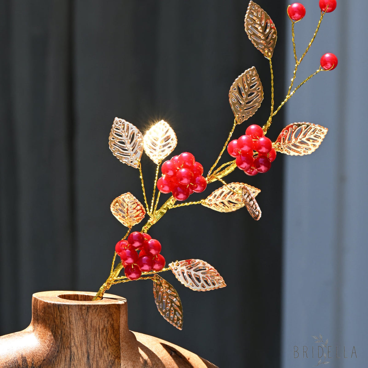 Golden Artificial Berry Stem with Metallic Leaves Faux Red/Yellow Berry Picks K103