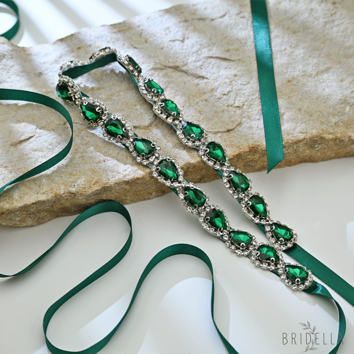Green Rhinestone Bridal Belt Adjustable Waist Sash Bridella BS190KL - Emerald - Belts