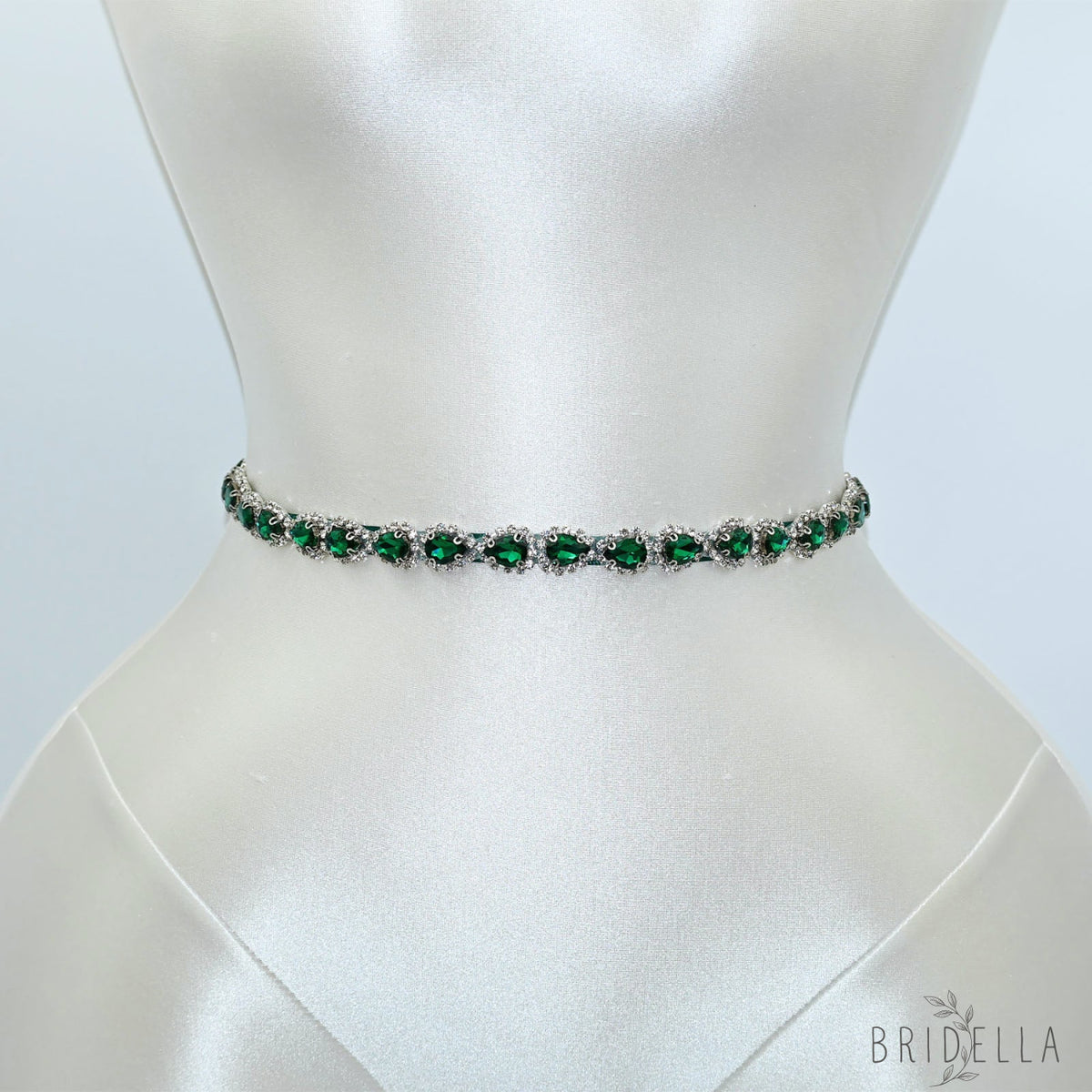 Green Rhinestone Bridal Belt Adjustable Waist Sash Bridella BS190KL - Emerald - Belts