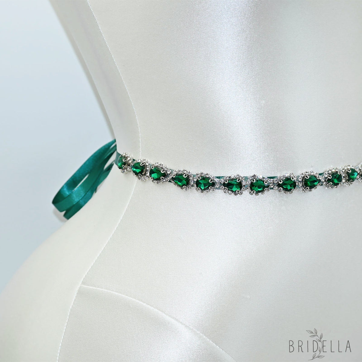 Green Rhinestone Bridal Belt Adjustable Waist Sash Bridella BS190KL - Emerald - Belts