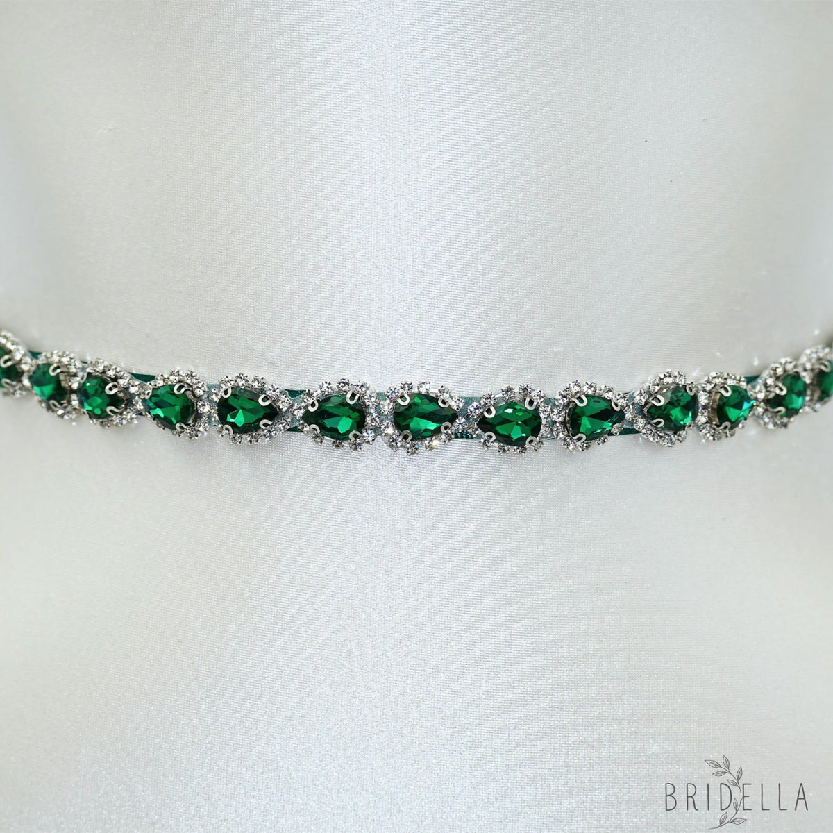 Green Rhinestone Bridal Belt Adjustable Waist Sash Bridella BS190KL - Emerald - Belts