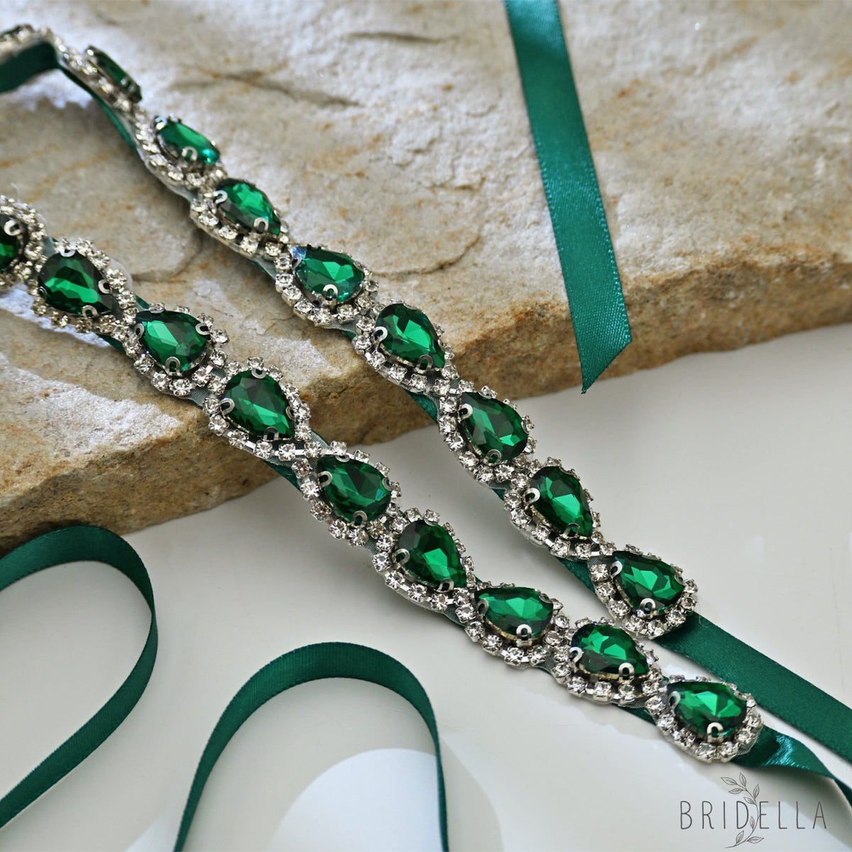 Green Rhinestone Bridal Belt Adjustable Waist Sash Bridella BS190KL - Emerald - Belts
