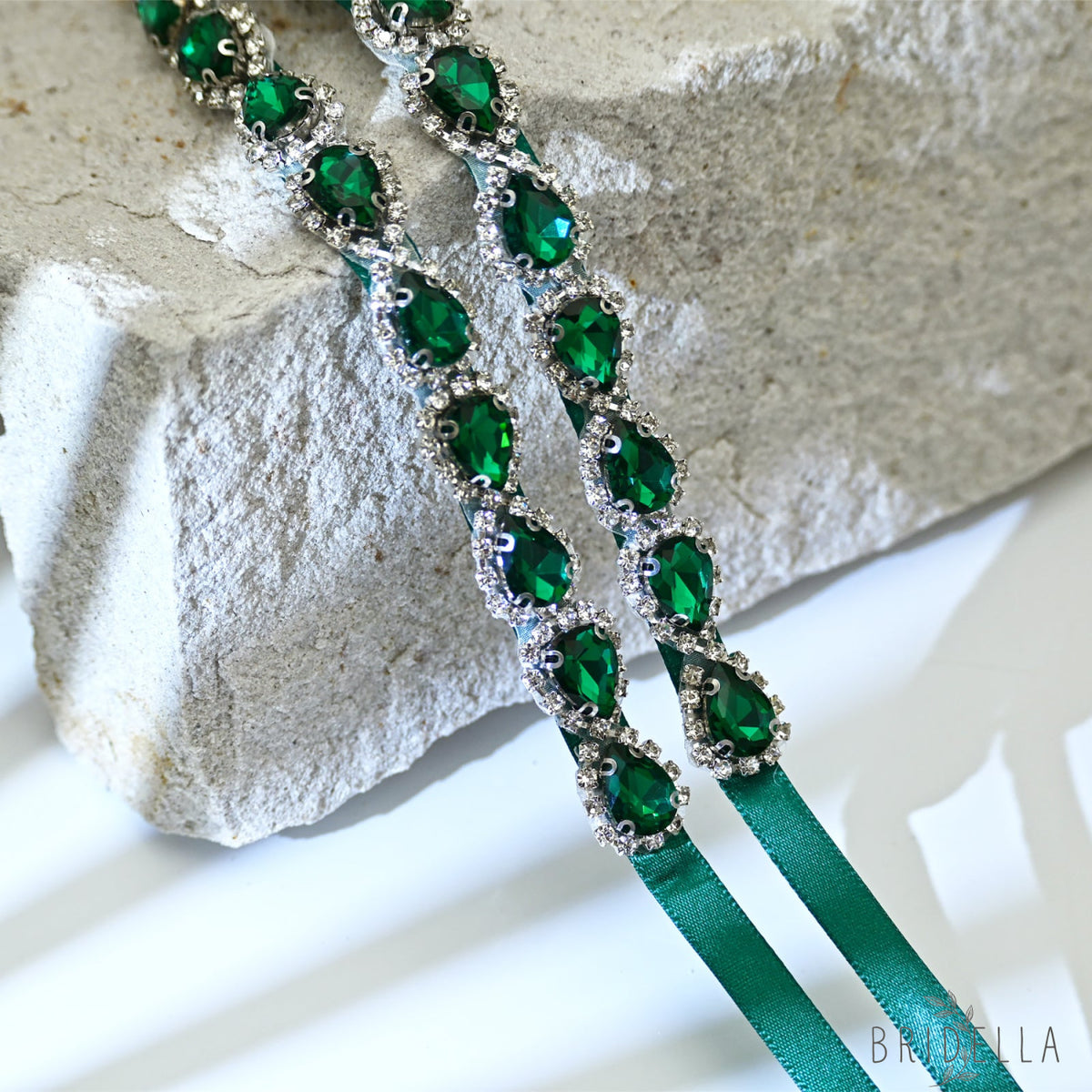 Green Rhinestone Bridal Belt Adjustable Waist Sash Bridella BS190KL - Emerald - Belts