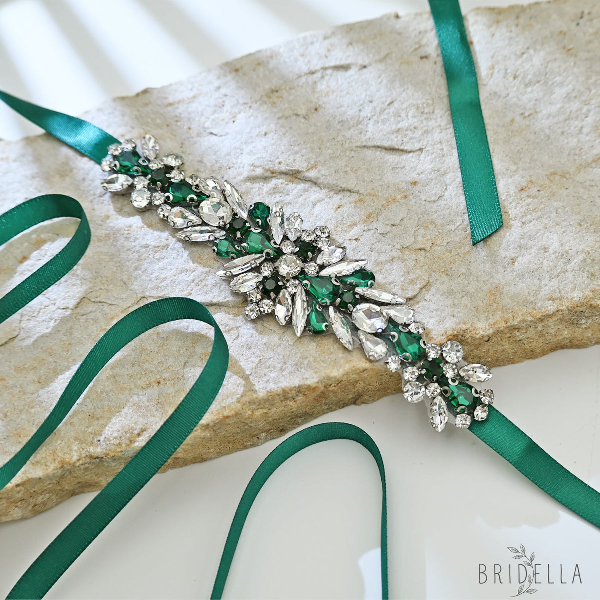 Green Rhinestone Bridal Belt Sash for Wedding - Bridella BS160KL - Green Ribbon - Belts