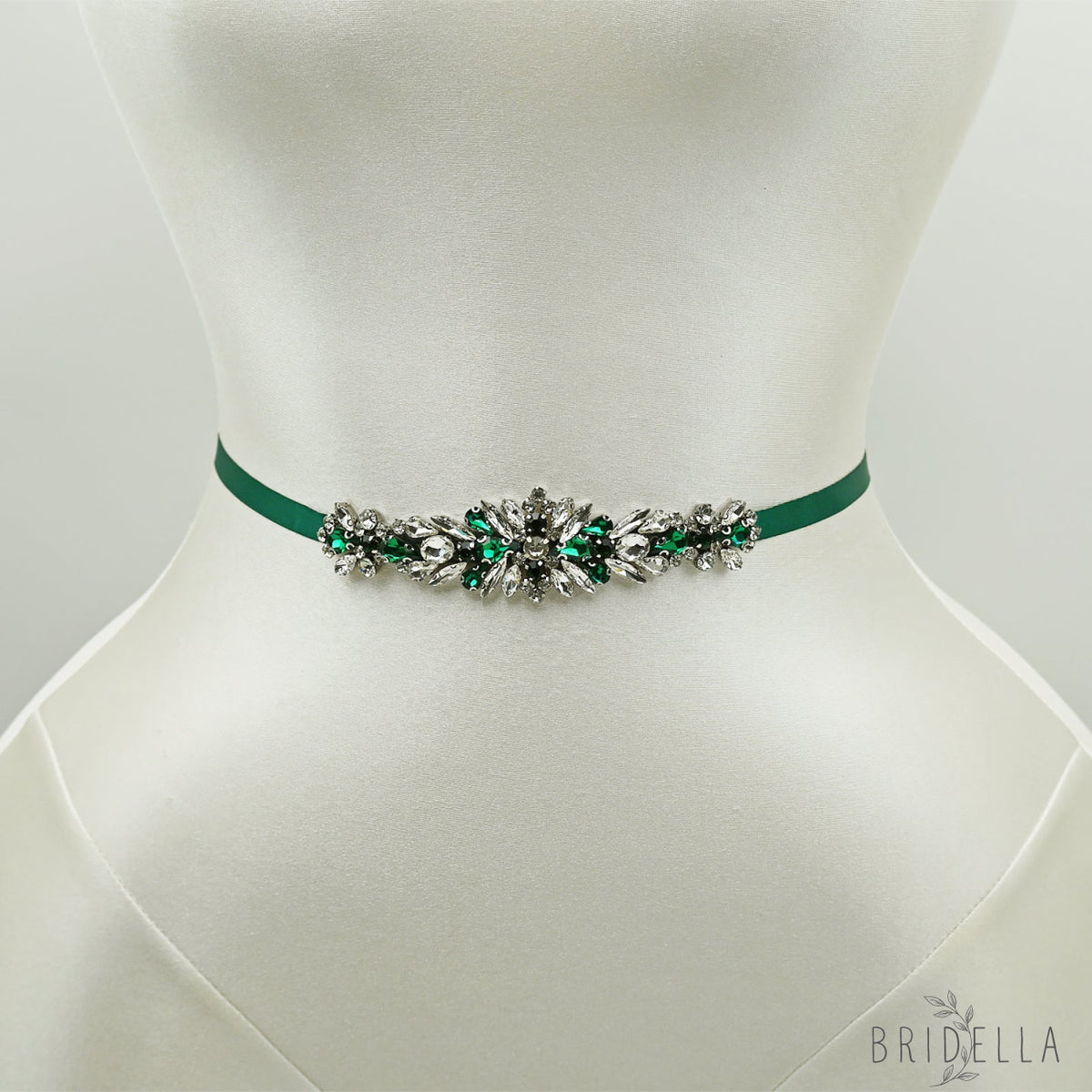 Green Rhinestone Bridal Belt Sash for Wedding - Bridella BS160KL - Green Ribbon - Belts