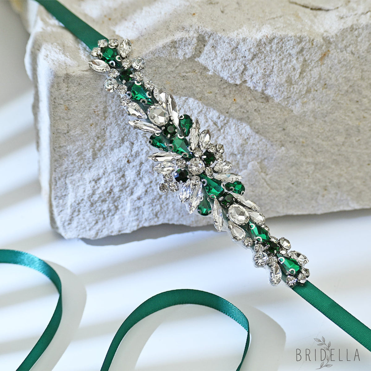 Green Rhinestone Bridal Belt Sash for Wedding - Bridella BS160KL - Green Ribbon - Belts