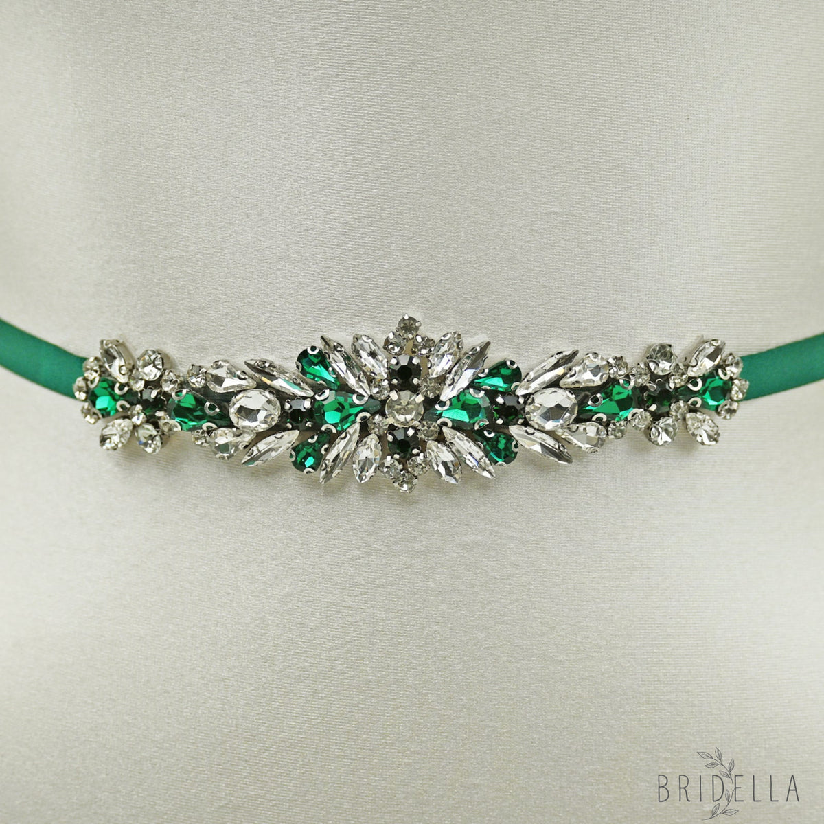 Green Rhinestone Bridal Belt Sash for Wedding - Bridella BS160KL - Green Ribbon - Belts