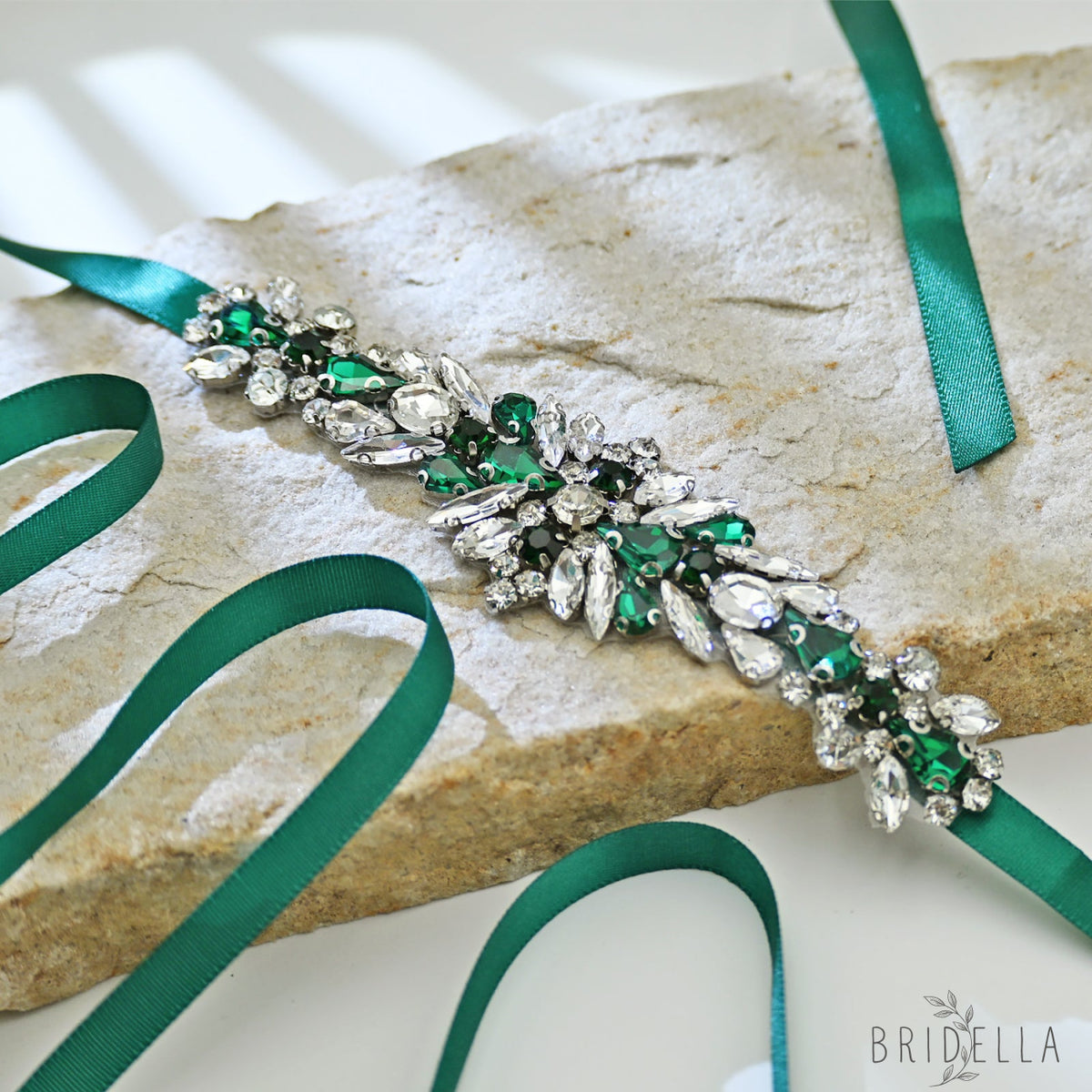 Green Rhinestone Bridal Belt Sash for Wedding - Bridella BS160KL - Green Ribbon - Belts
