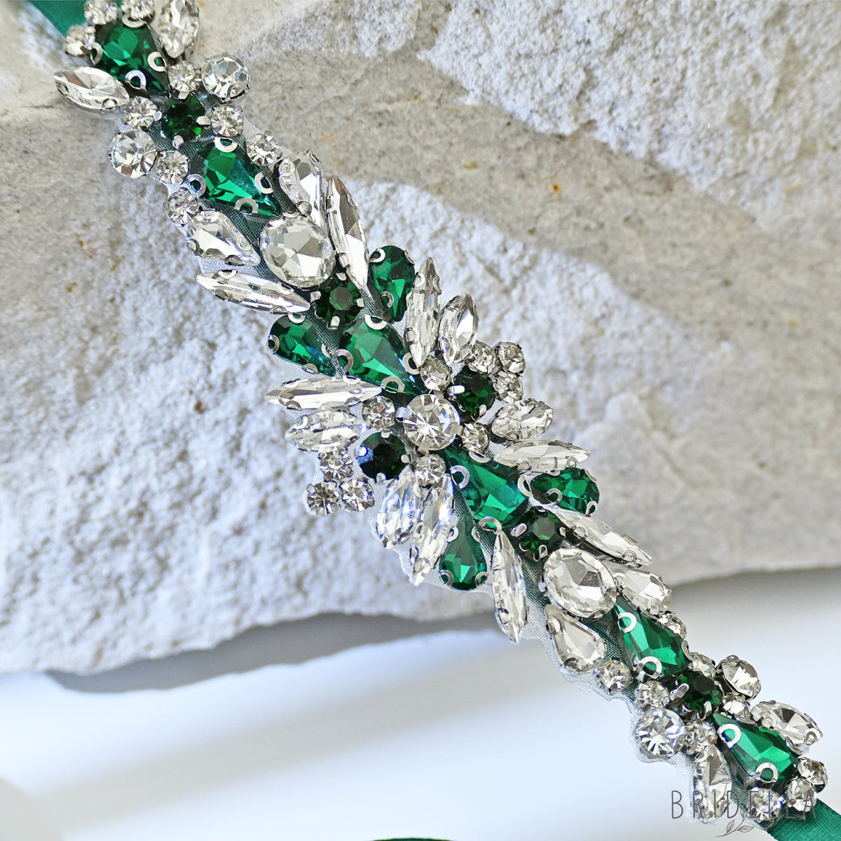 Green Rhinestone Bridal Belt Sash for Wedding - Bridella BS160KL - Green Ribbon - Belts