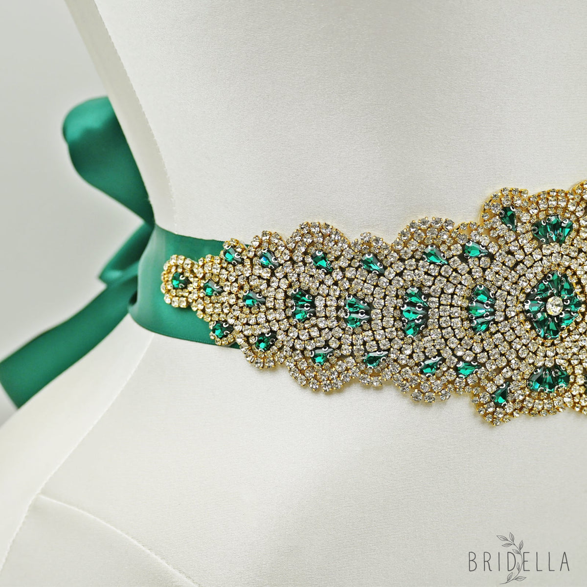 Green Rhinestone Bridal Belt Wedding - Bridella BS88GKL - Green Ribbon - Belts