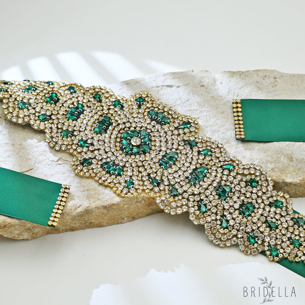 Green Rhinestone Bridal Belt Wedding - Bridella BS88GKL - Green Ribbon - Belts