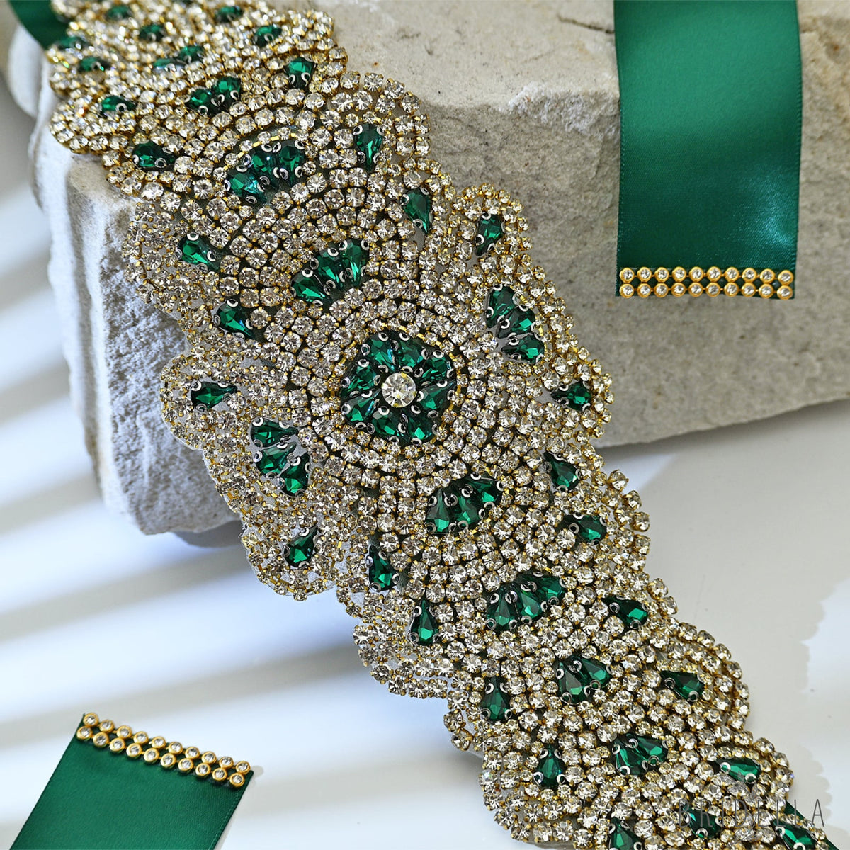 Green Rhinestone Bridal Belt Wedding - Bridella BS88GKL - Green Ribbon - Belts