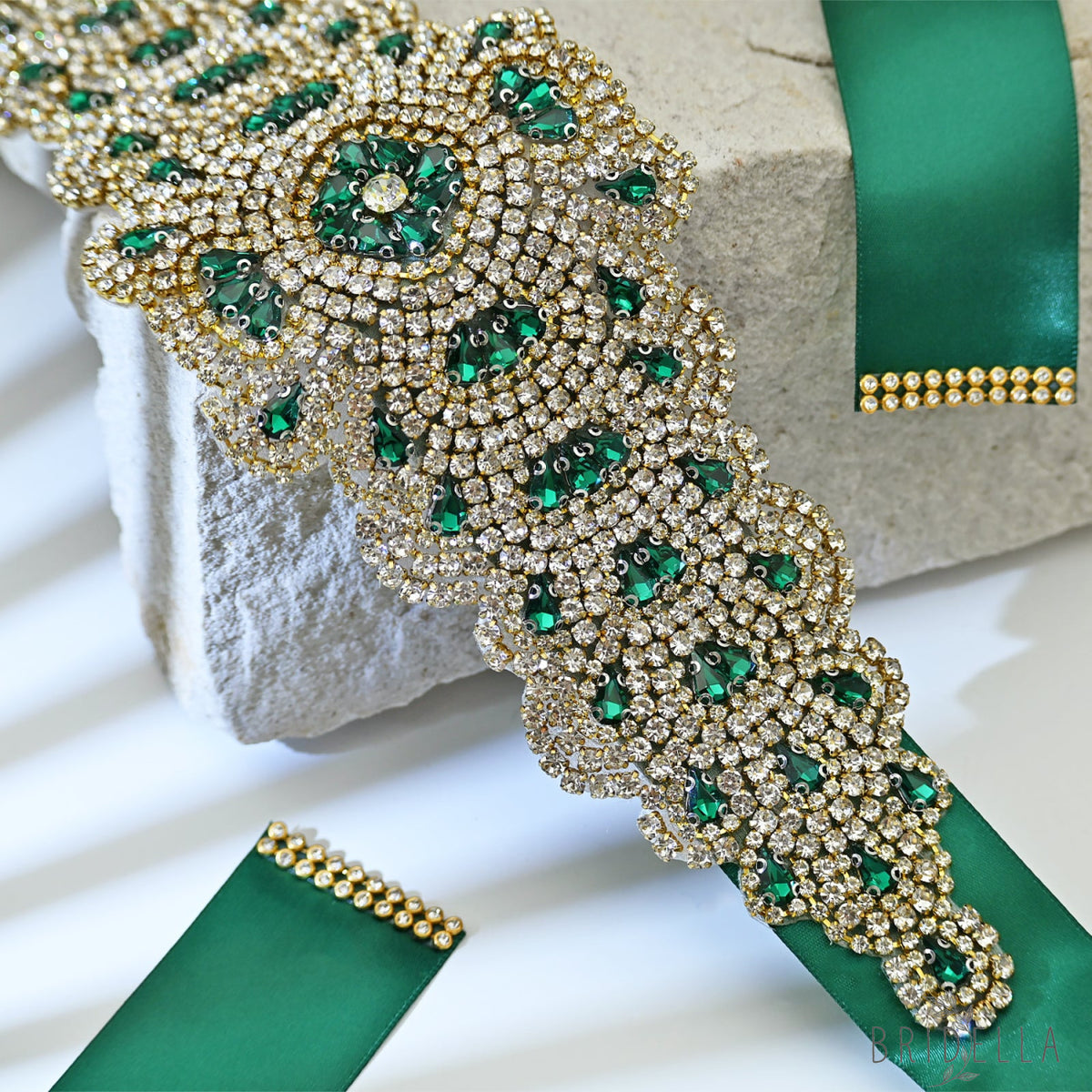 Green Rhinestone Bridal Belt Wedding - Bridella BS88GKL - Green Ribbon - Belts