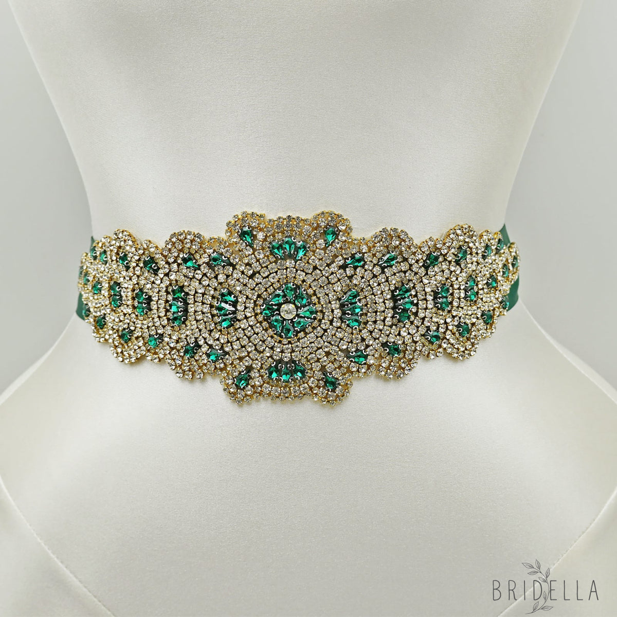 Green Rhinestone Bridal Belt Wedding - Bridella BS88GKL - Green Ribbon - Belts