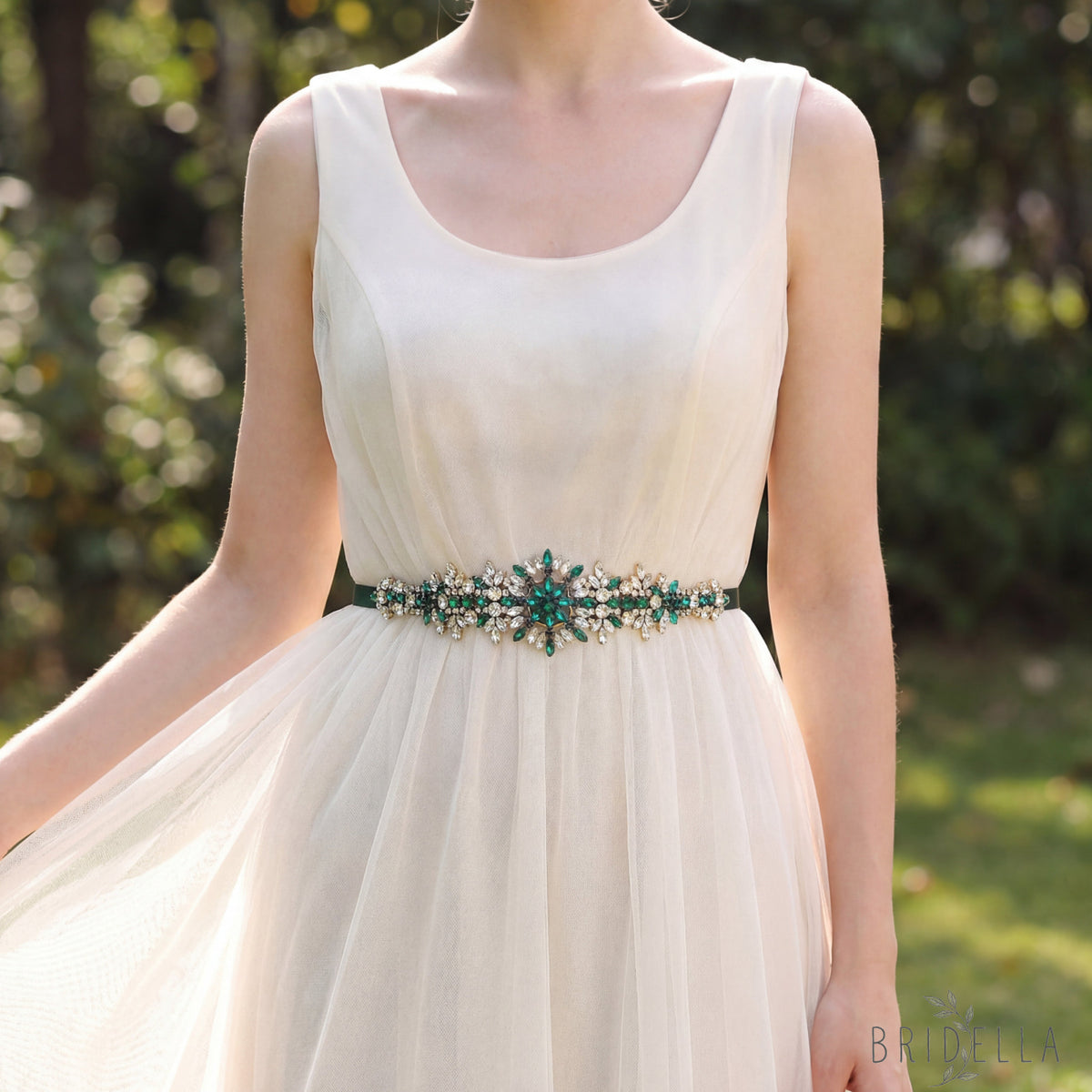 Green Rhinestone Bridal Belt Wedding Dress Sash - Bridella BS319KL - Green Ribbon - Blets